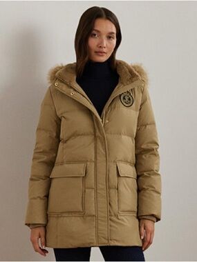 Ralph Lauren Khaki Beige Faux Fur Hood Puffer Coat